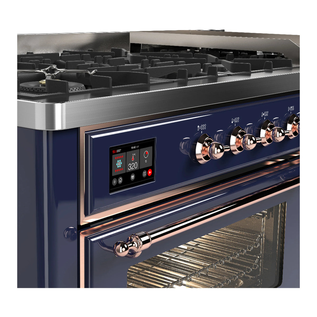 ILVE Majestic III dual fuel range in midnight blue with copper control panel and knobs