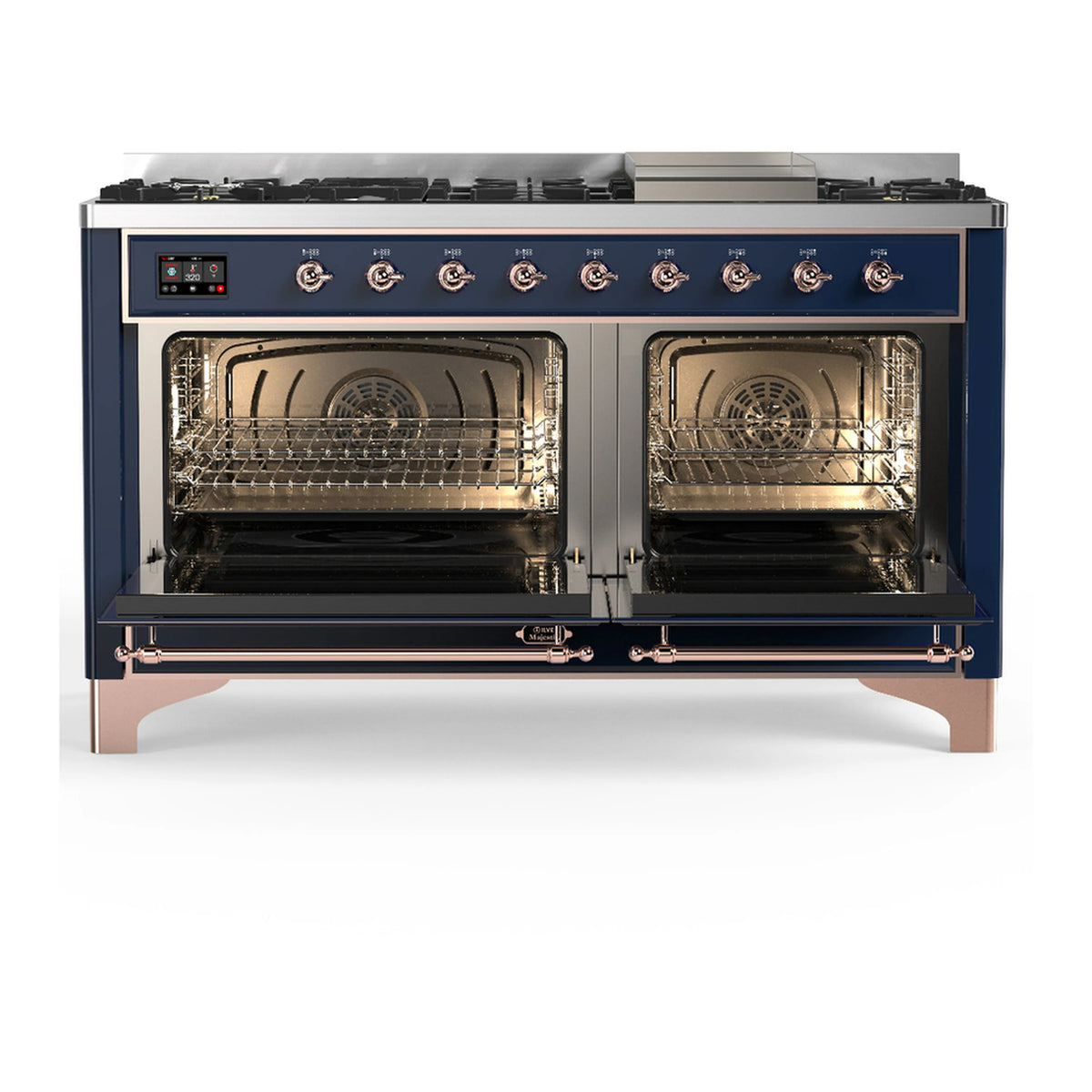 ILVE dual fuel range with two electric ovens open, stainless racks, midnight blue front
