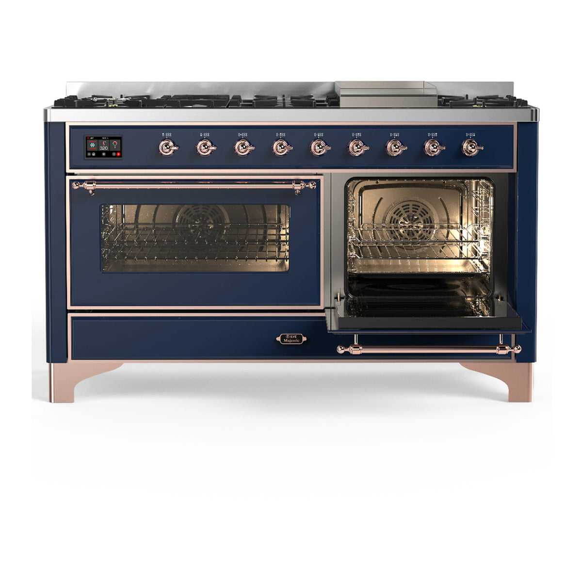 ILVE dual fuel range with both oven doors open, midnight blue exterior and copper trim