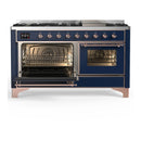 ILVE Majestic III 60-inch Dual Fuel Range with 7 Natural Gas Burner, Griddle and Triple Glass Door Electric Oven in Midnight Blue with Copper Trim (UM60FNR3MBP)