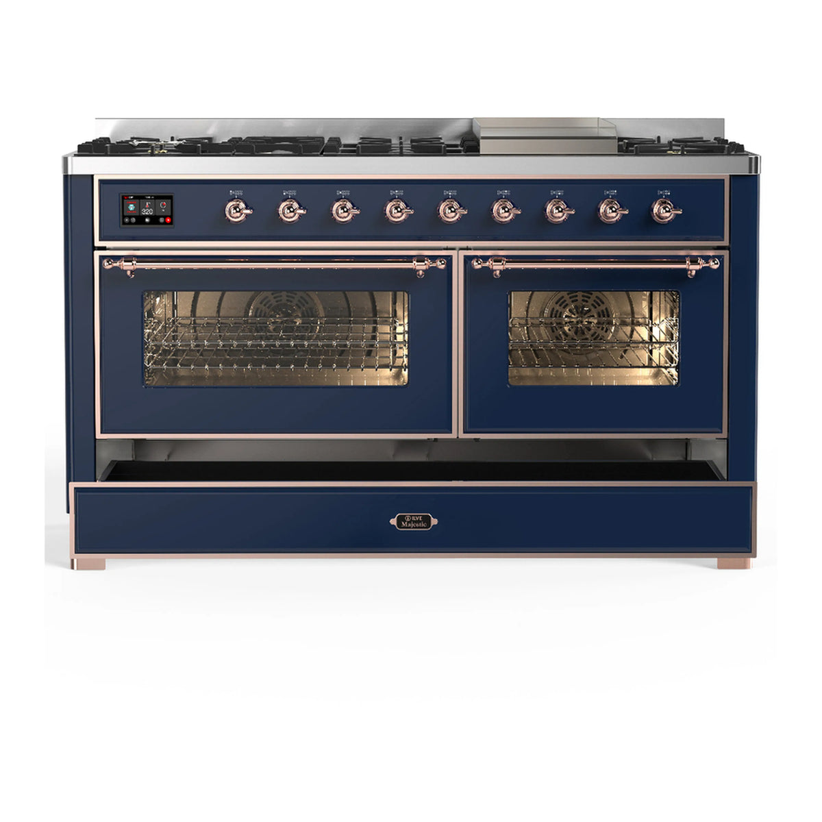 ILVE dual fuel range with two ovens open and lower drawer closed, midnight blue