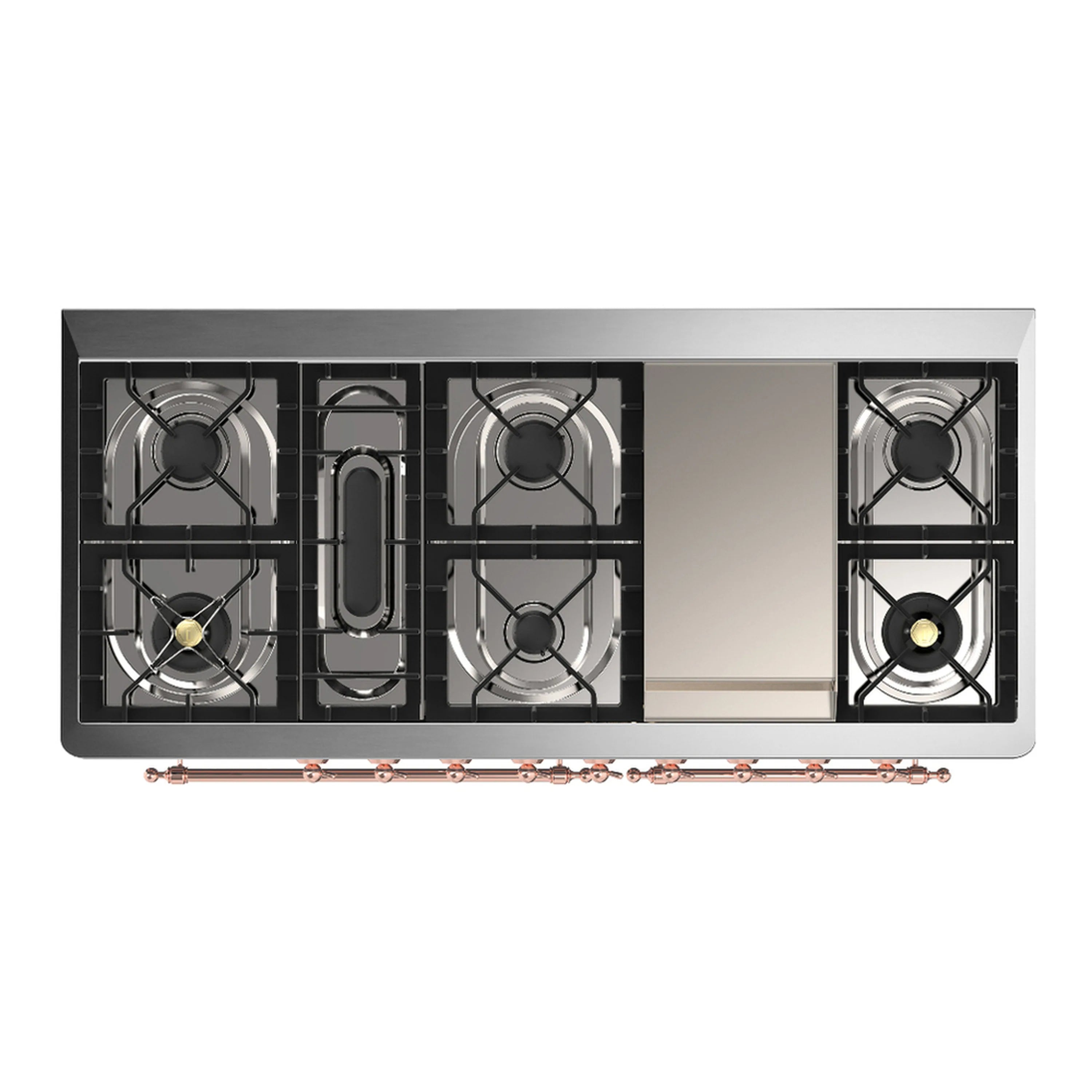 ILVE dual fuel range top view, black gas burners grates with copper control strip