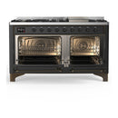 ILVE Majestic III 60-inch Dual Fuel Range with 5 Liquid Propane Burner, Griddle and Triple Glass Door Electric Oven in Graphite Matte with Burnished Trim (UM60FNR3MGBLP)