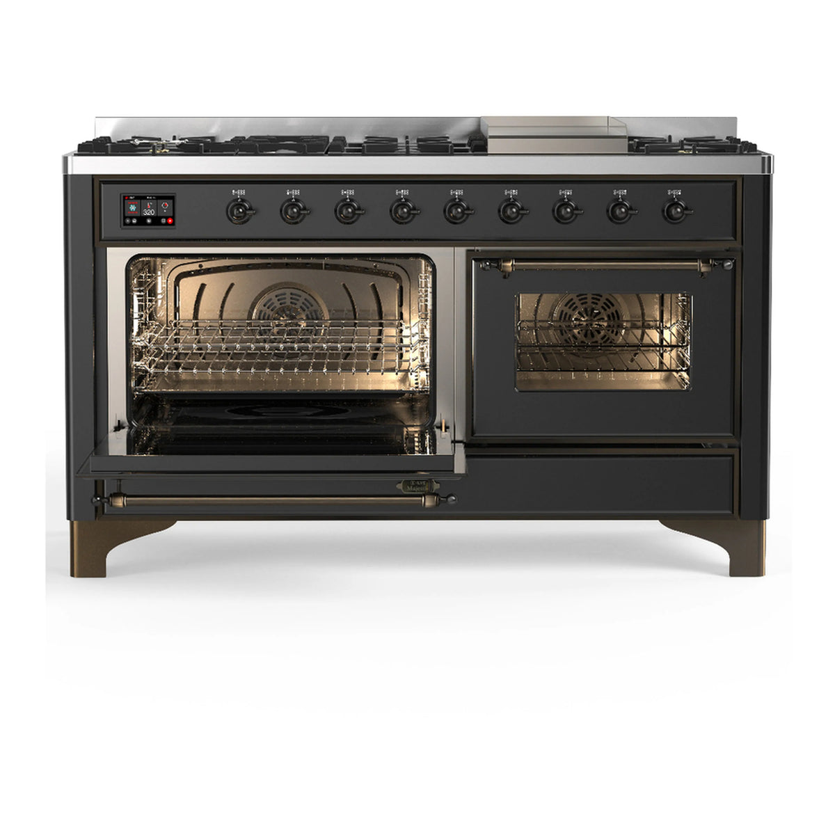 ILVE dual fuel range with both oven doors open and interior heating elements visible