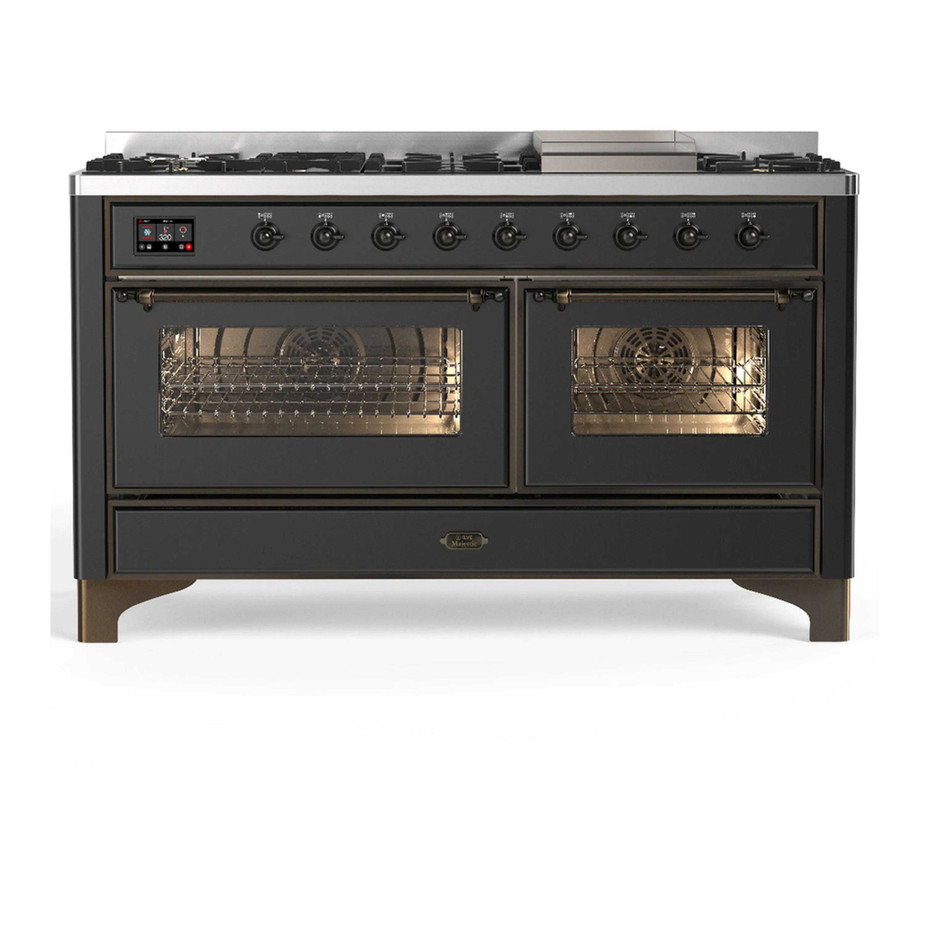 ILVE dual fuel range front view with graphite matte finish and two oven doors