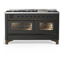 ILVE Majestic III 60-inch Dual Fuel Range with 5 Liquid Propane Burner, Griddle and Triple Glass Door Electric Oven in Graphite Matte with Burnished Trim (UM60FNR3MGBLP)