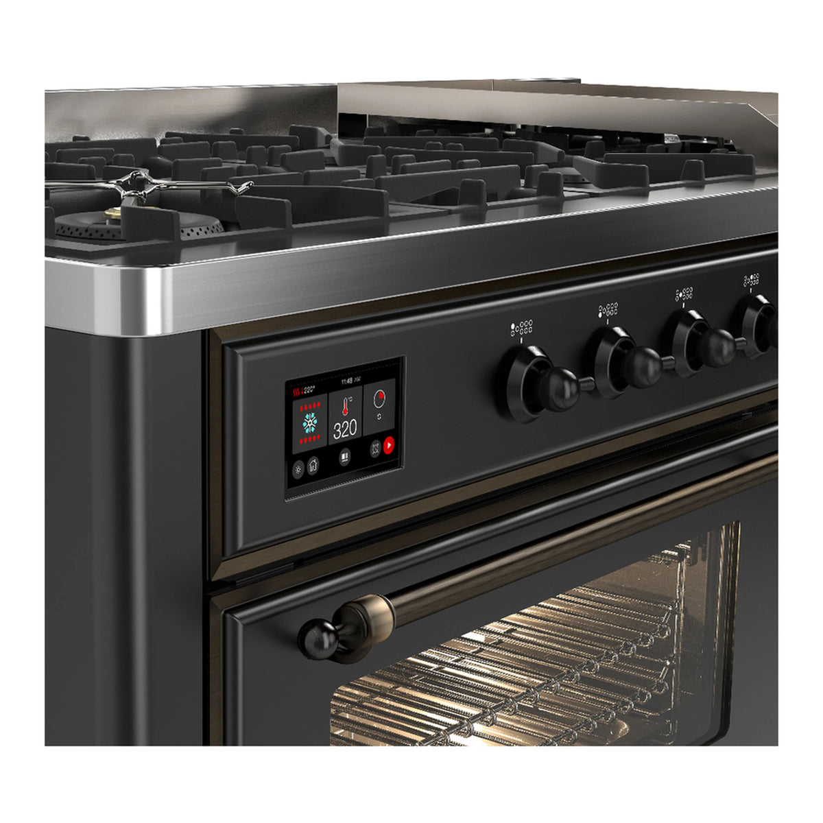 Graphite matte dual fuel range with front control panel and open oven door