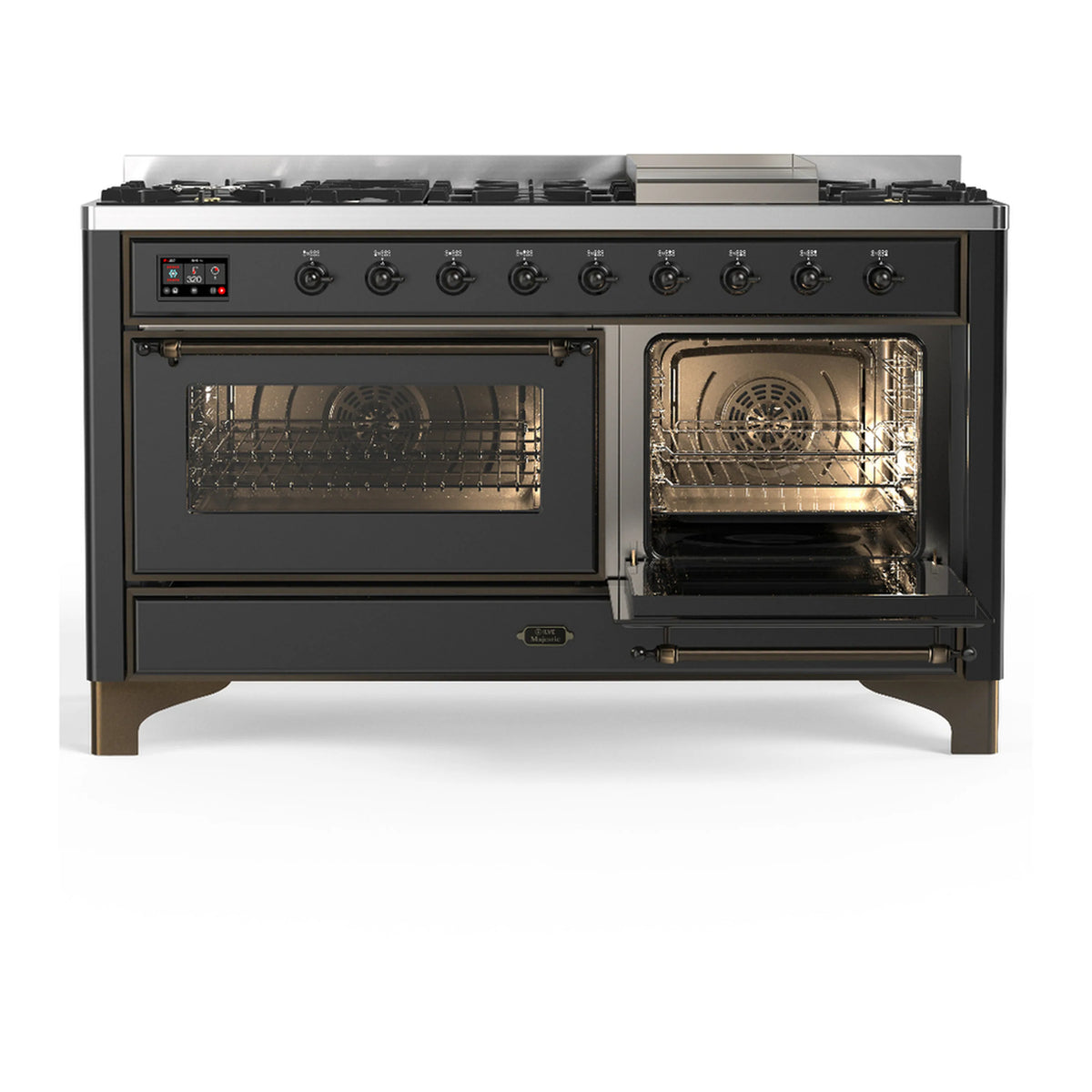 Graphite matte dual fuel range with two open ovens and wire racks inside