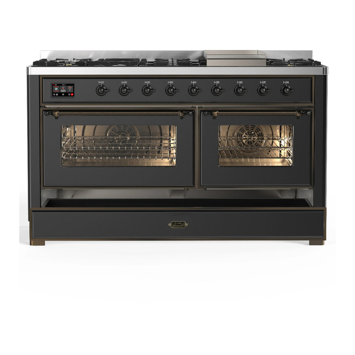Graphite matte dual fuel range with two open ovens and rack shelves