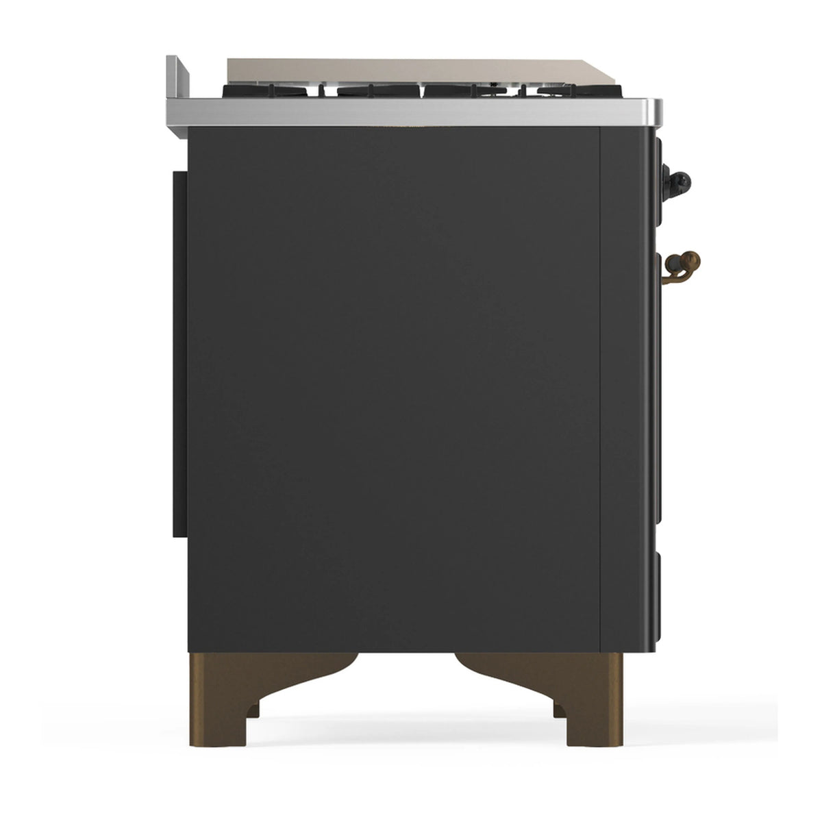 Graphite matte dual fuel range side view with control knobs and trim