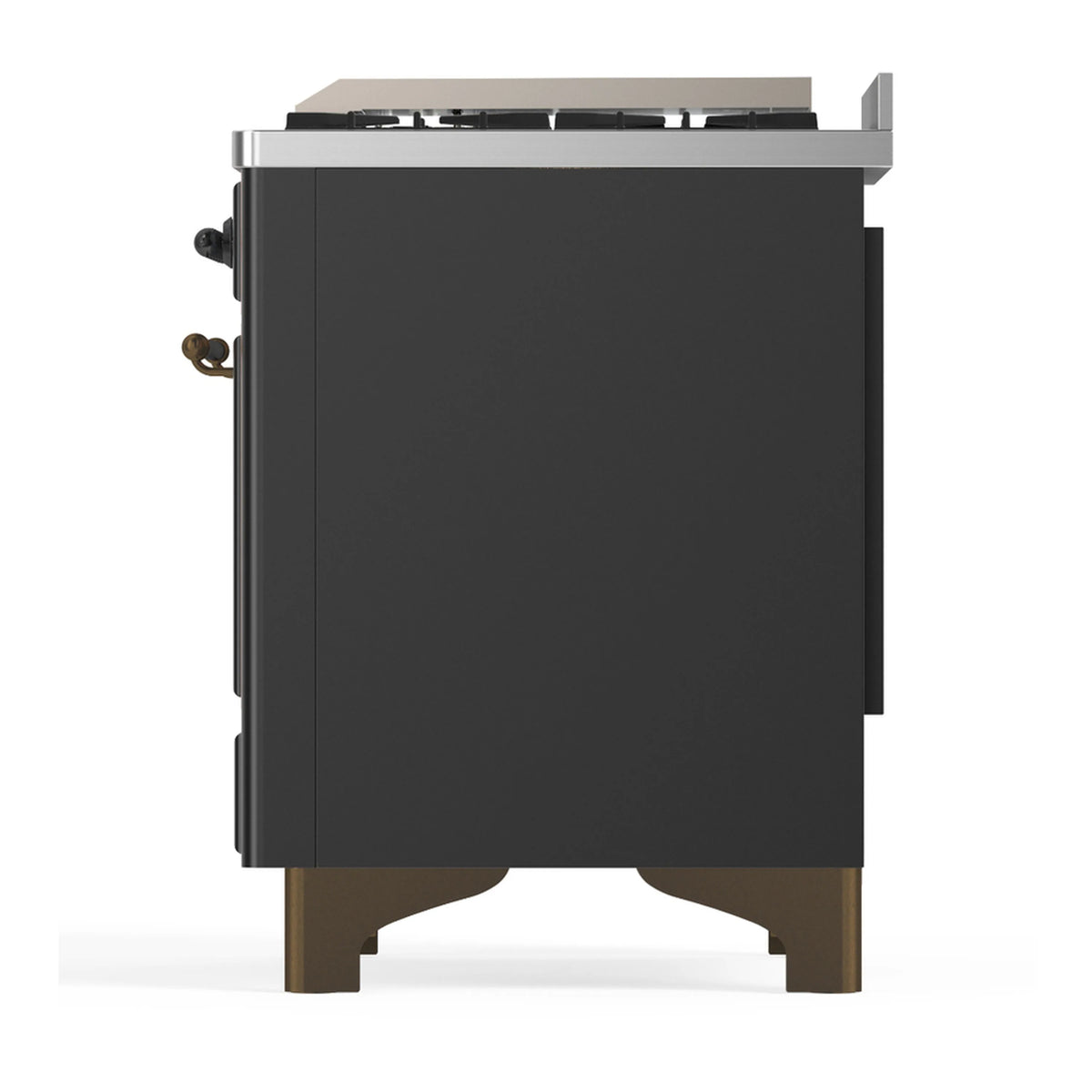 Graphite matte dual fuel range rear-side view with side knobs
