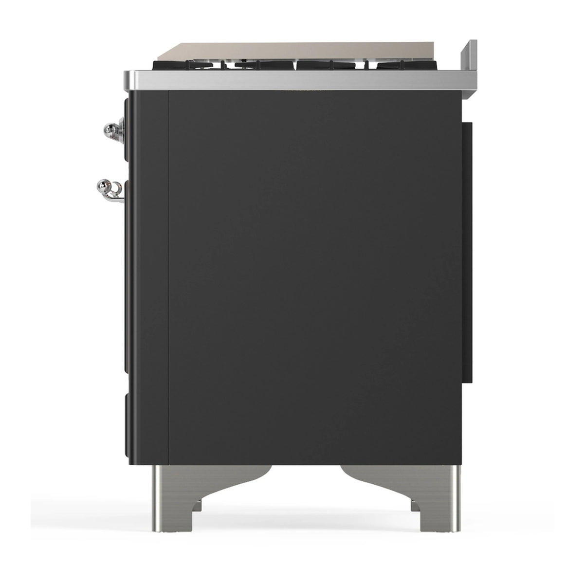 Graphite matte dual fuel range side panel with chrome hardware, back view