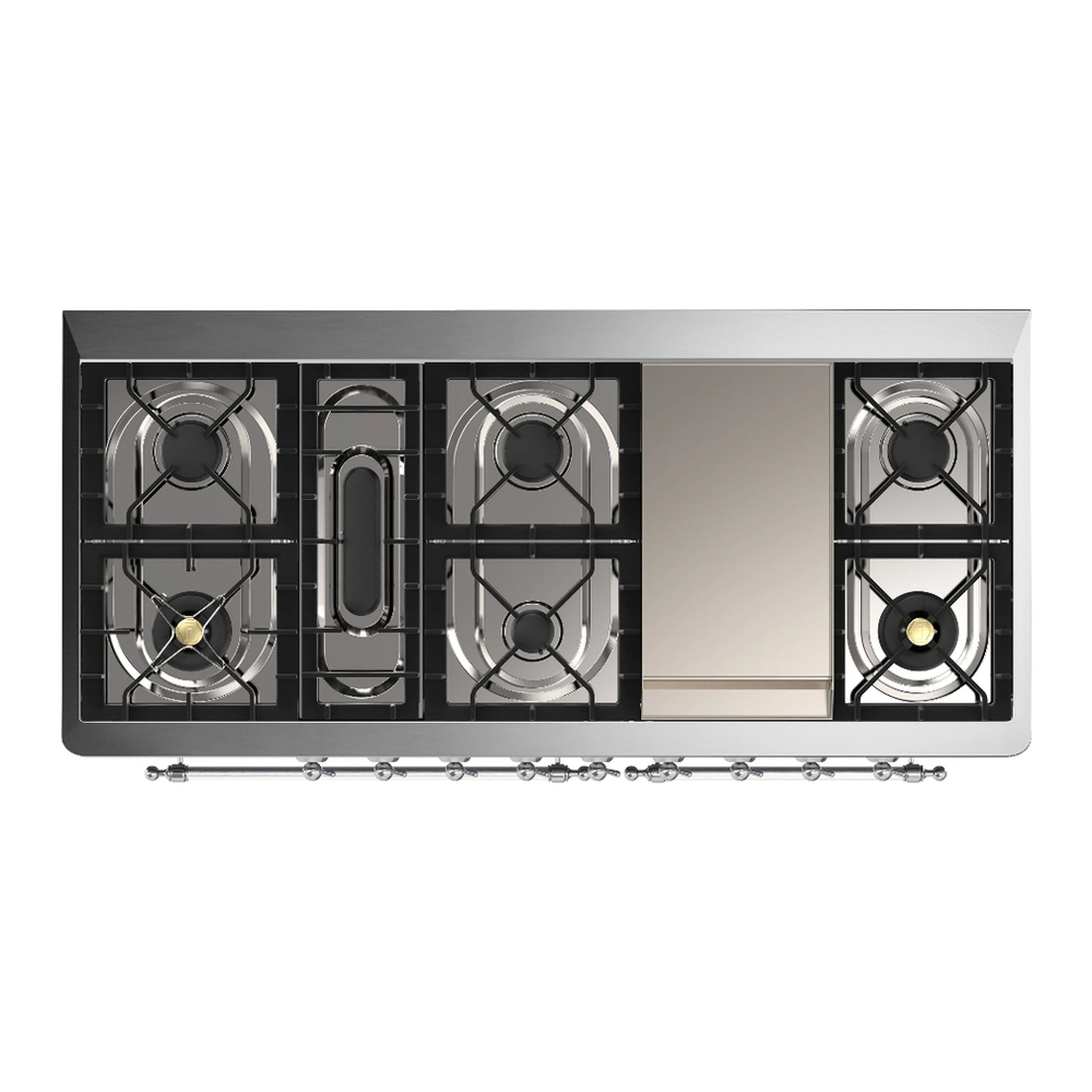 Dual fuel cooktop burner layout with grates, centered controls panel