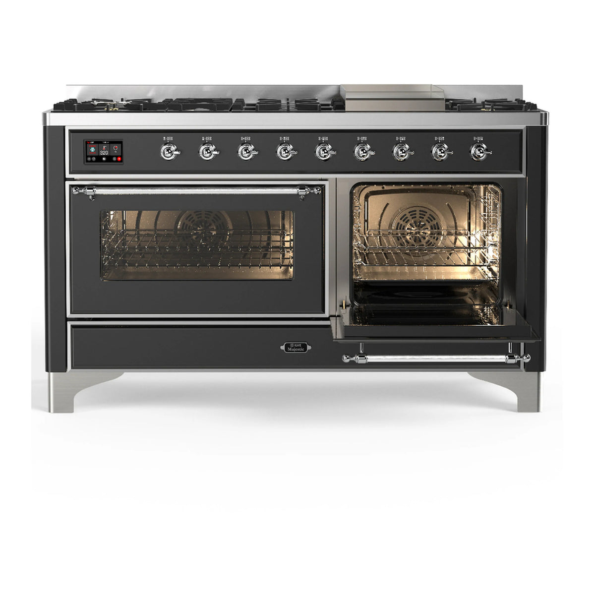 Graphite matte dual fuel range with one oven door open and interior rack