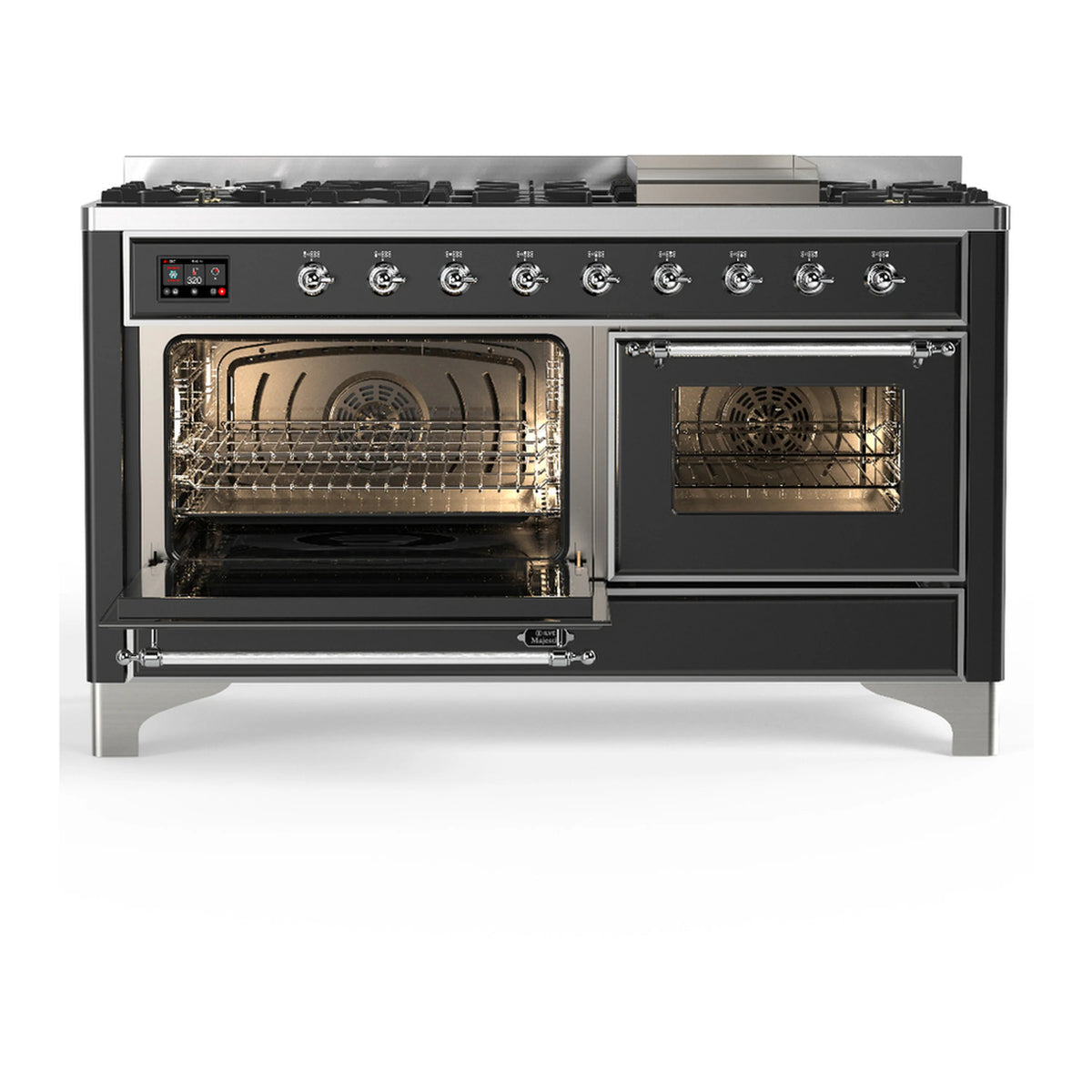 Graphite matte dual fuel range with both oven doors open, showing oven interiors