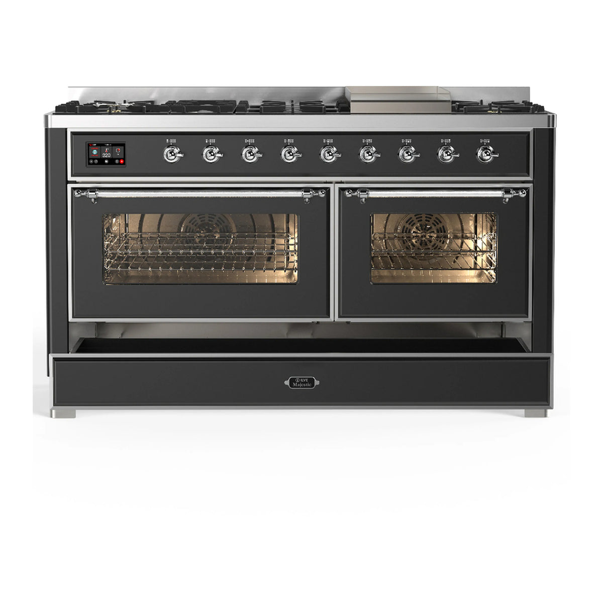 Graphite matte dual fuel range with both oven doors closed and chrome-trimmed panel