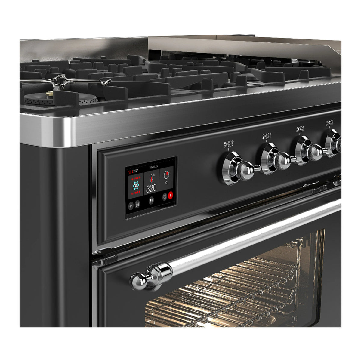 Graphite matte range control panel with knobs and open oven door