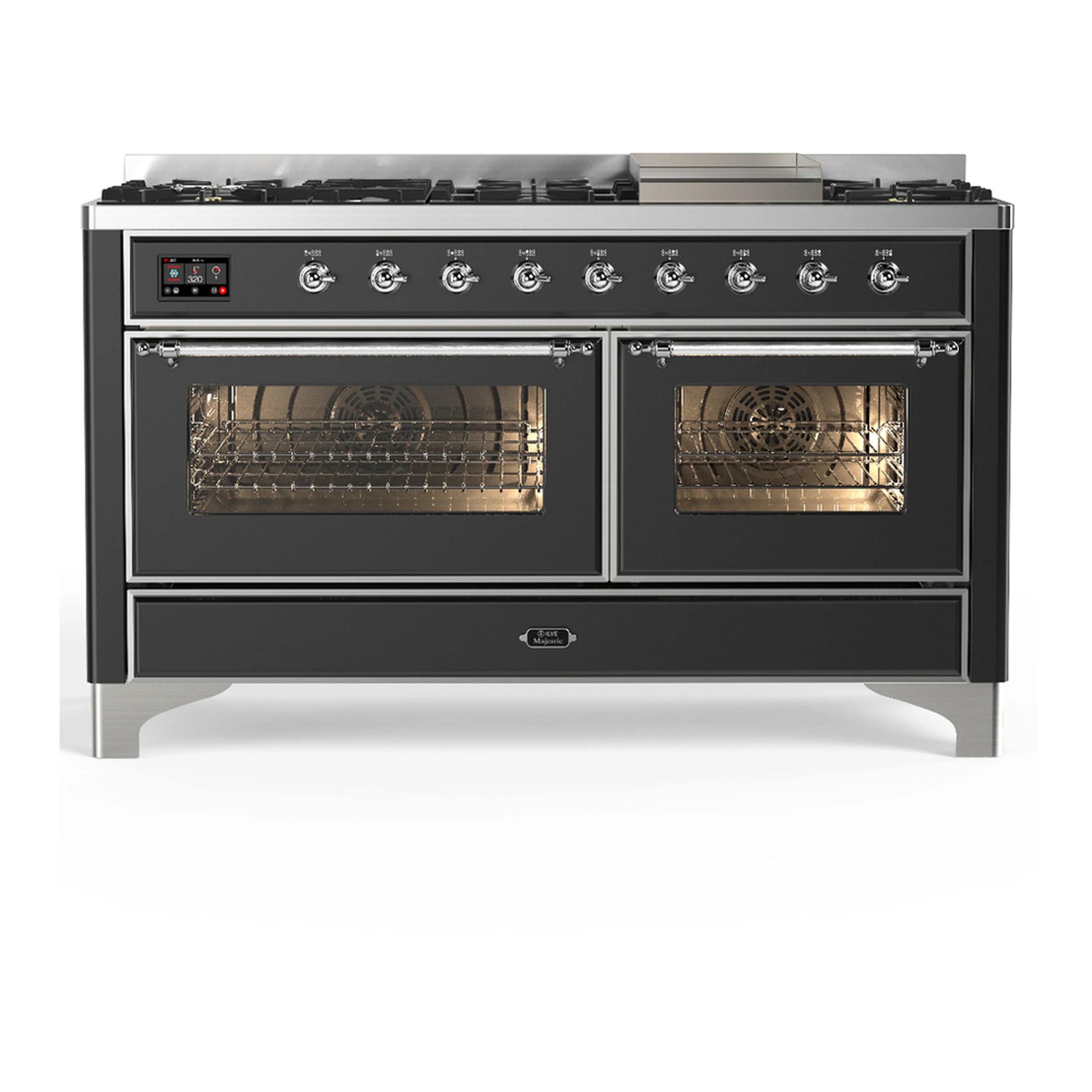 Graphite matte dual fuel range with both oven doors open, racks visible