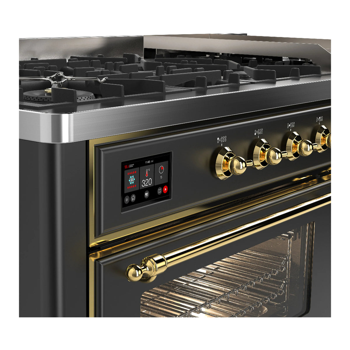 Graphite matte dual fuel range control panel with brass knobs and oven door window