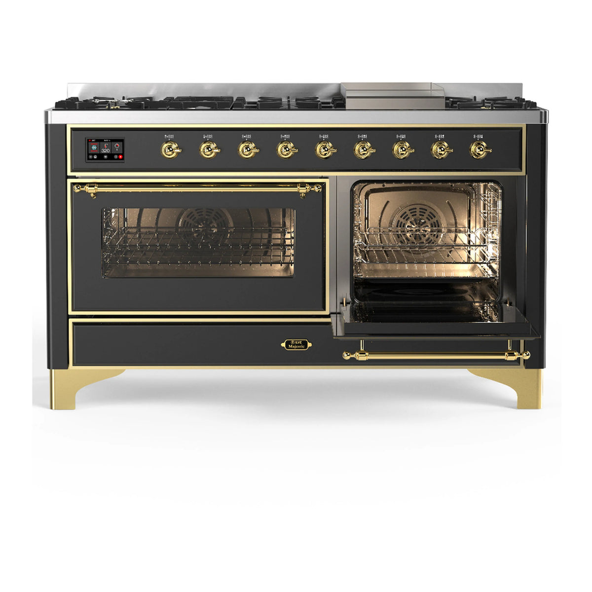 Graphite matte dual fuel range with left oven open and brass-trimmed double glass doors