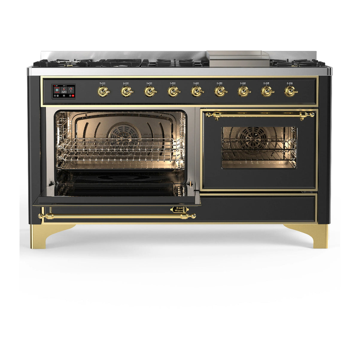 Graphite matte dual fuel range with right oven open and brass-trimmed oven door handle