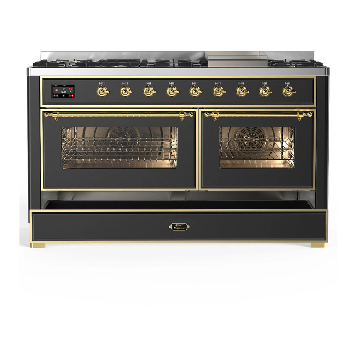 Graphite matte dual fuel range with both oven doors open and interior racks visible