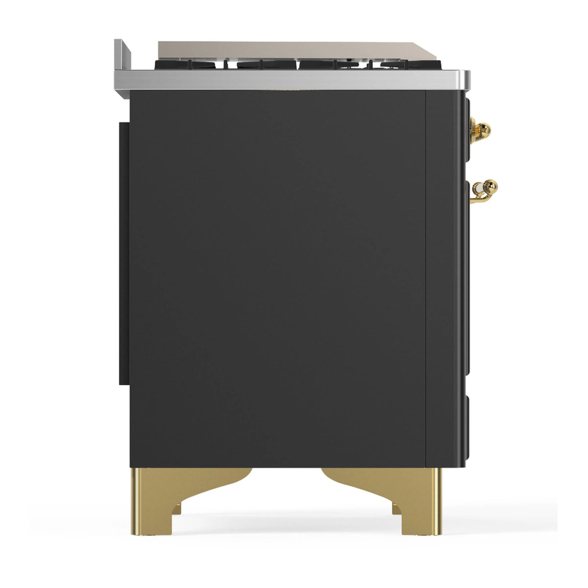 Graphite matte side panel of a dual fuel range with brass leveling legs