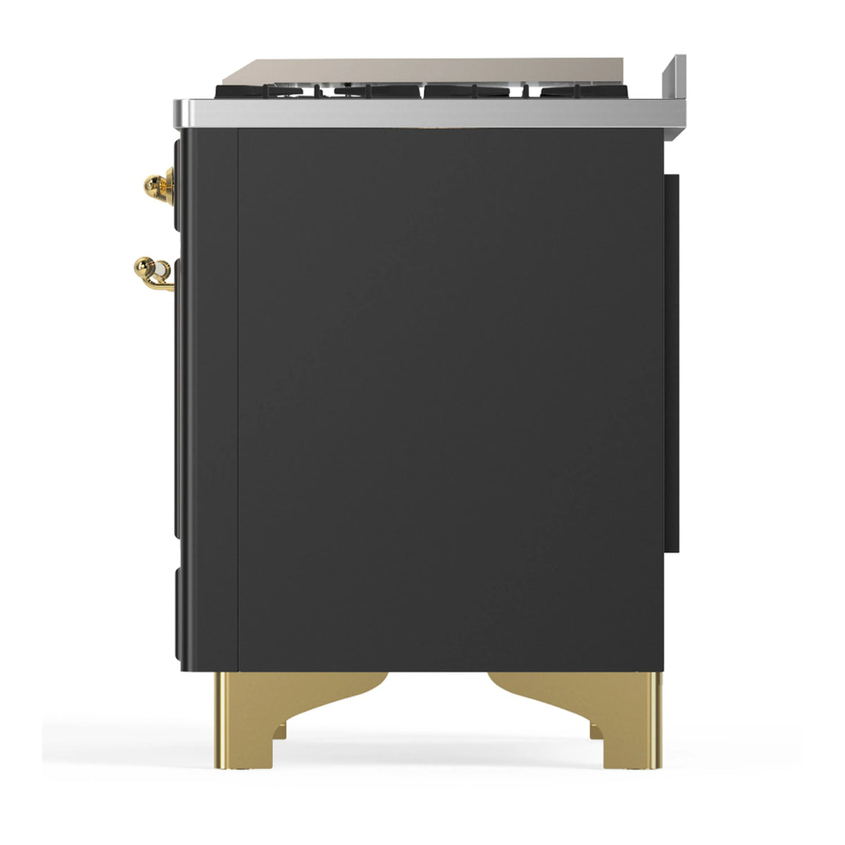 Graphite matte back panel of a dual fuel range with brass handles and leveling legs