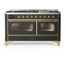 ILVE Majestic III 60-inch Dual Fuel Range with 5 Liquid Propane Burner, Griddle and Triple Glass Door Electric Oven in Graphite Matte with Brass Trim (UM60FNR3MGGLP)