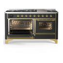 ILVE Majestic III 60-inch Dual Fuel Range with 7 Natural Gas Burner, Griddle and Triple Glass Door Electric Oven in Graphite Matte with Brass Trim (UM60FNR3MGG)