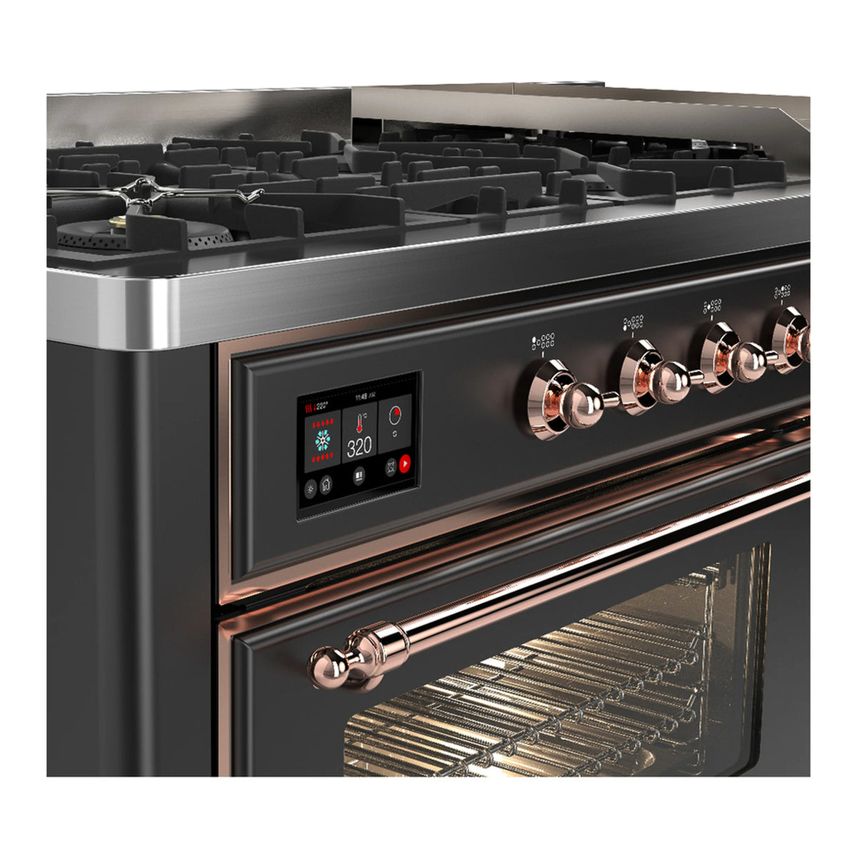 Dual fuel range with graphite matte front, copper knobs, and open oven door