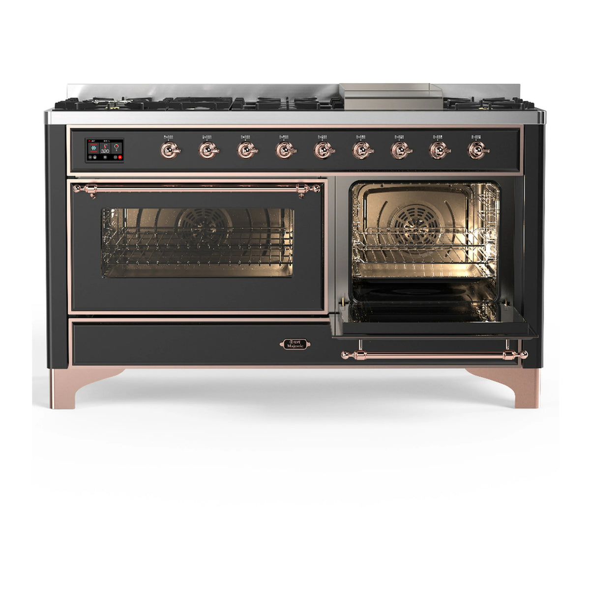 Graphite matte dual fuel range with one oven door closed and interior racks visible