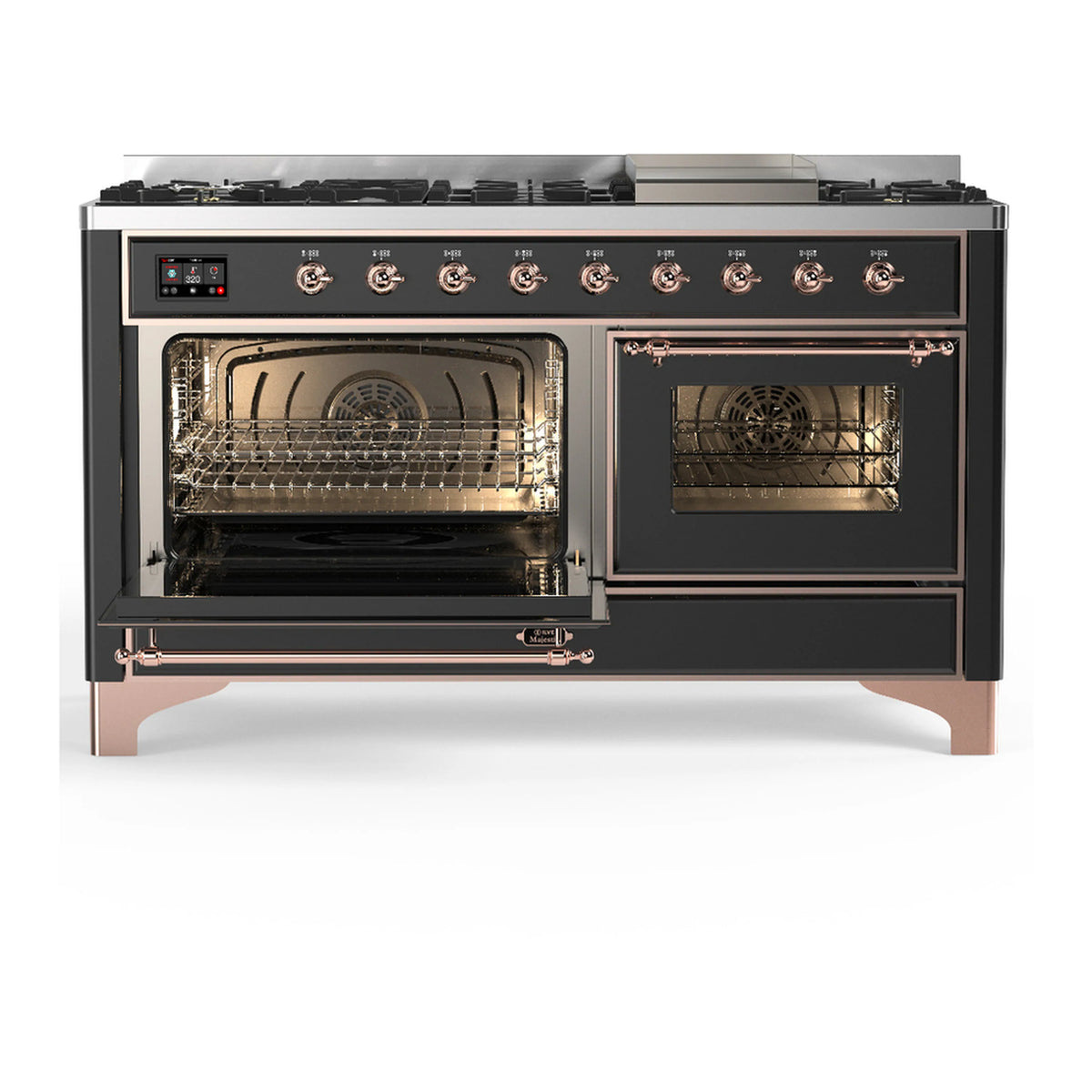 Dual fuel range with graphite matte finish, copper trim, and both oven doors open