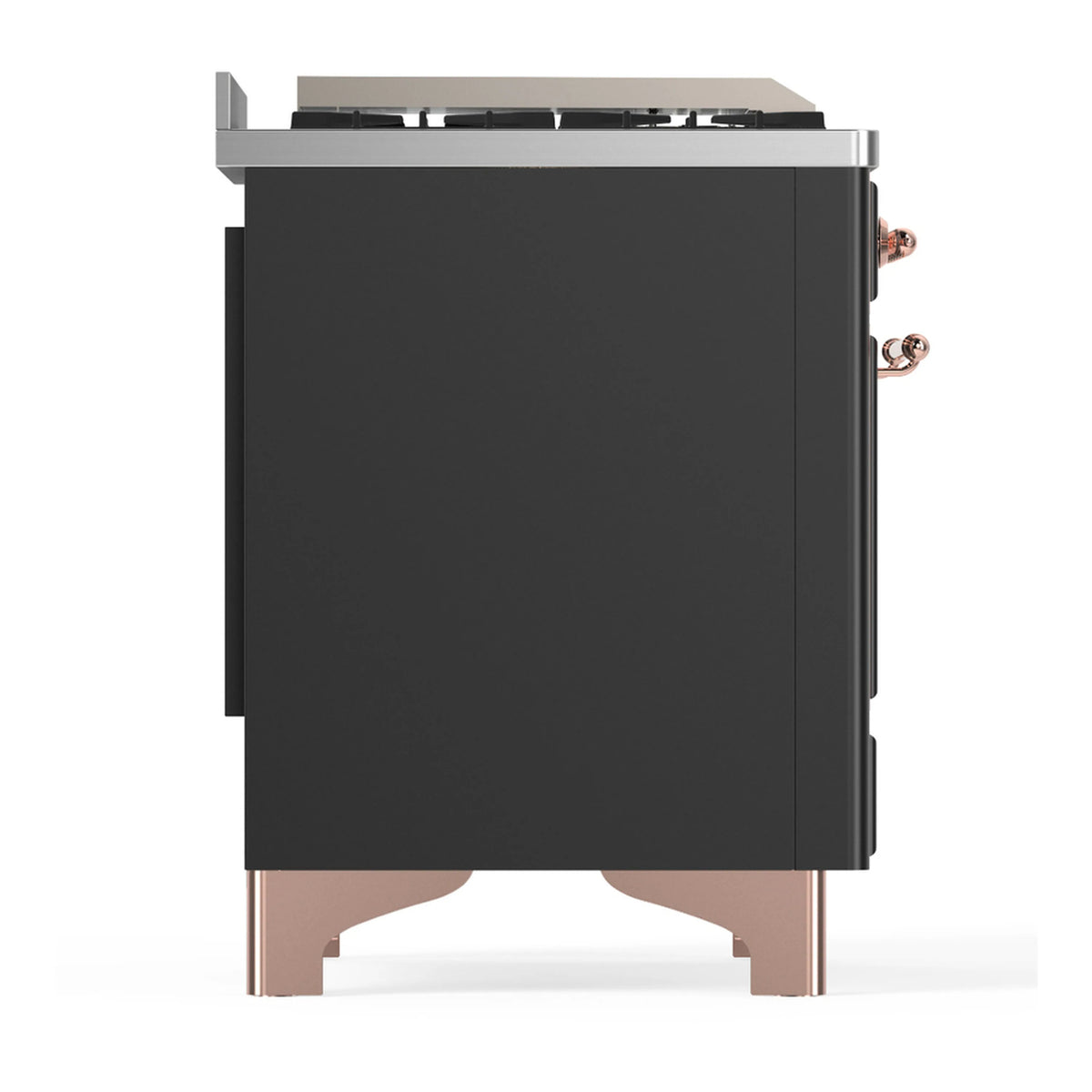 Graphite matte dual fuel range side view with copper-trimmed corners and feet