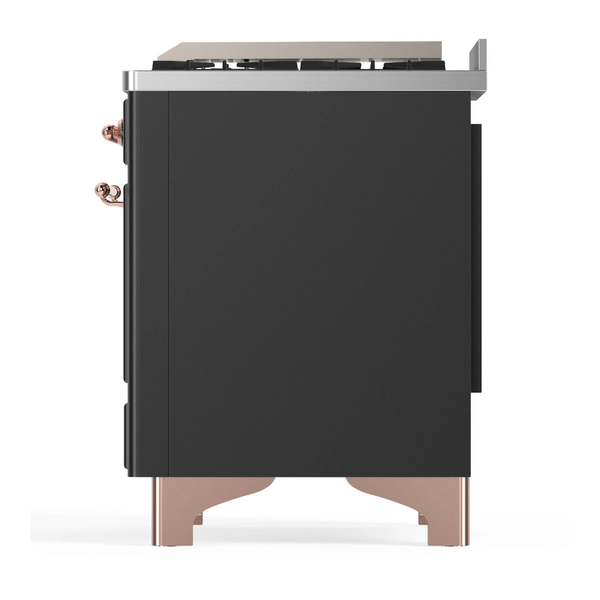 Graphite matte dual fuel range rear-side view with copper side fittings and legs