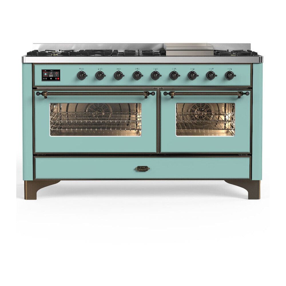 ILVE Majestic III 60-inch Dual Fuel Range with 5 Liquid Propane Burner, Griddle and Triple Glass Door Electric Oven in Mediterranean Mint with Burnished Trim (UM60FNR3MMBLP)