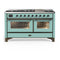 ILVE Majestic III 60-inch Dual Fuel Range with 5 Liquid Propane Burner, Griddle and Triple Glass Door Electric Oven in Mediterranean Mint with Burnished Trim (UM60FNR3MMBLP)
