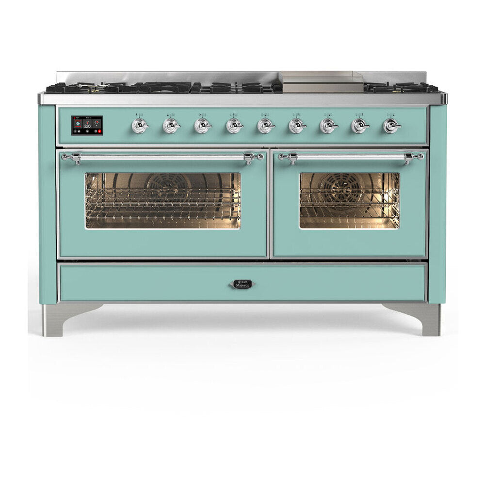 ILVE Majestic III 60-inch Dual Fuel Range with 5 Liquid Propane Burner, Griddle and Triple Glass Door Electric Oven in Mediterranean Mint with Chrome Trim (UM60FNR3MMCLP)