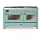 ILVE Majestic III 60-inch Dual Fuel Range with 7 Natural Gas Burner, Griddle and Triple Glass Door Electric Oven in Mediterranean Mint with Chrome Trim (UM60FNR3MMC)