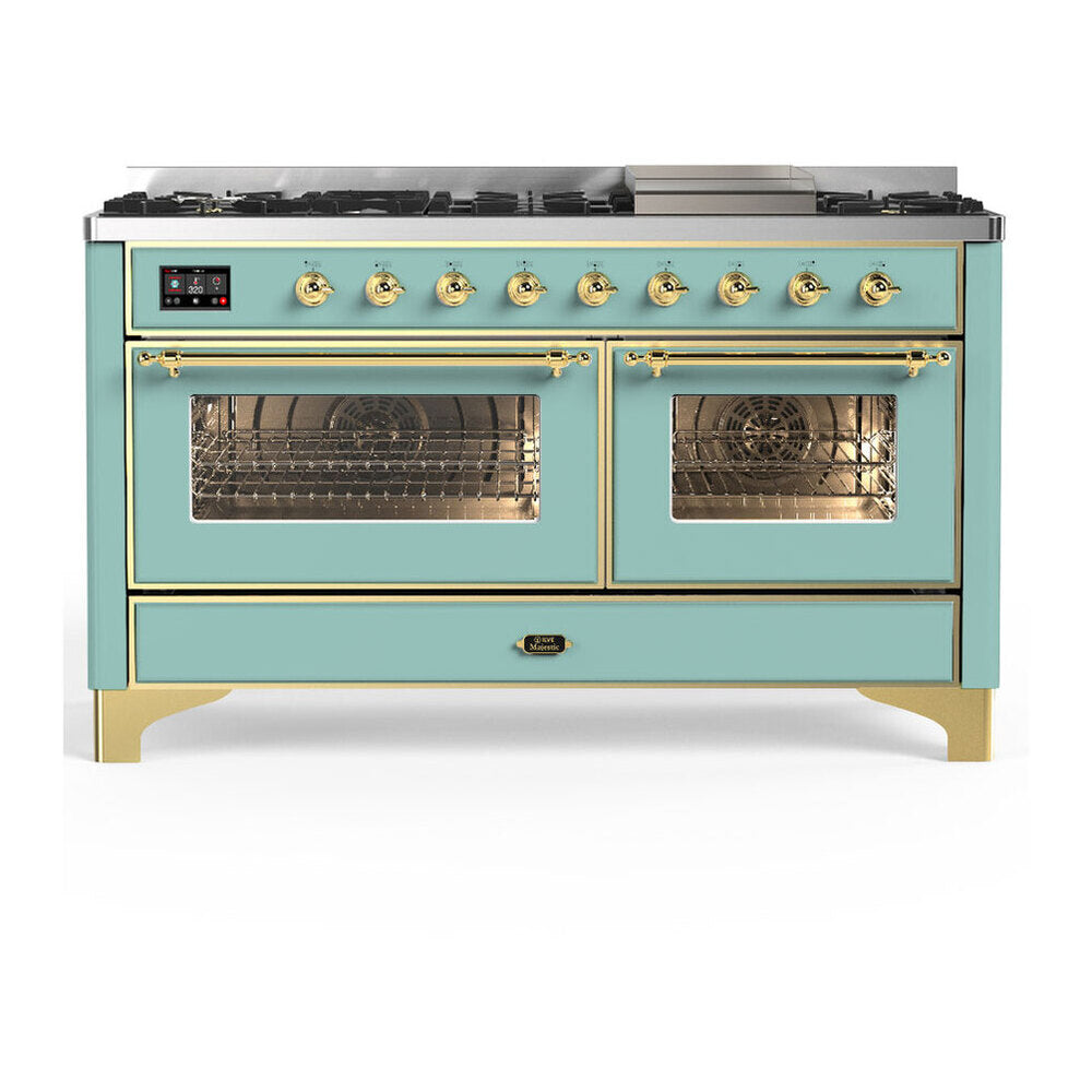 ILVE Majestic III 60-inch Dual Fuel Range with 7 Natural Gas Burner, Griddle and Triple Glass Door Electric Oven in Mediterranean Mint with Brass Trim (UM60FNR3MMG)
