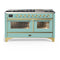ILVE Majestic III 60-inch Dual Fuel Range with 7 Natural Gas Burner, Griddle and Triple Glass Door Electric Oven in Mediterranean Mint with Brass Trim (UM60FNR3MMG)
