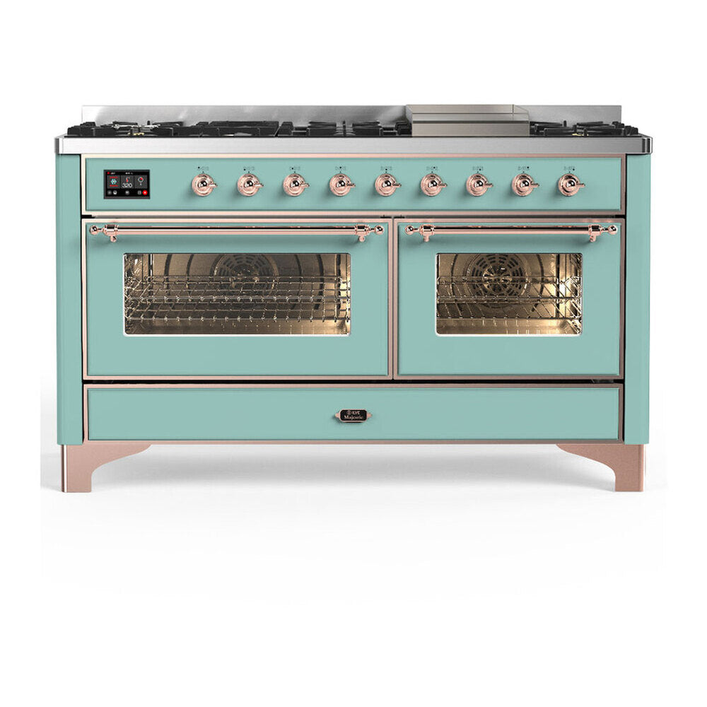 ILVE Majestic III 60-inch Dual Fuel Range with 5 Liquid Propane Burner, Griddle and Triple Glass Door Electric Oven in Mediterranean Mint with Copper Trim (UM60FNR3MMPLP)
