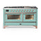 ILVE Majestic III 60-inch Dual Fuel Range with 7 Natural Gas Burner, Griddle and Triple Glass Door Electric Oven in Mediterranean Mint with Copper Trim (UM60FNR3MMP)