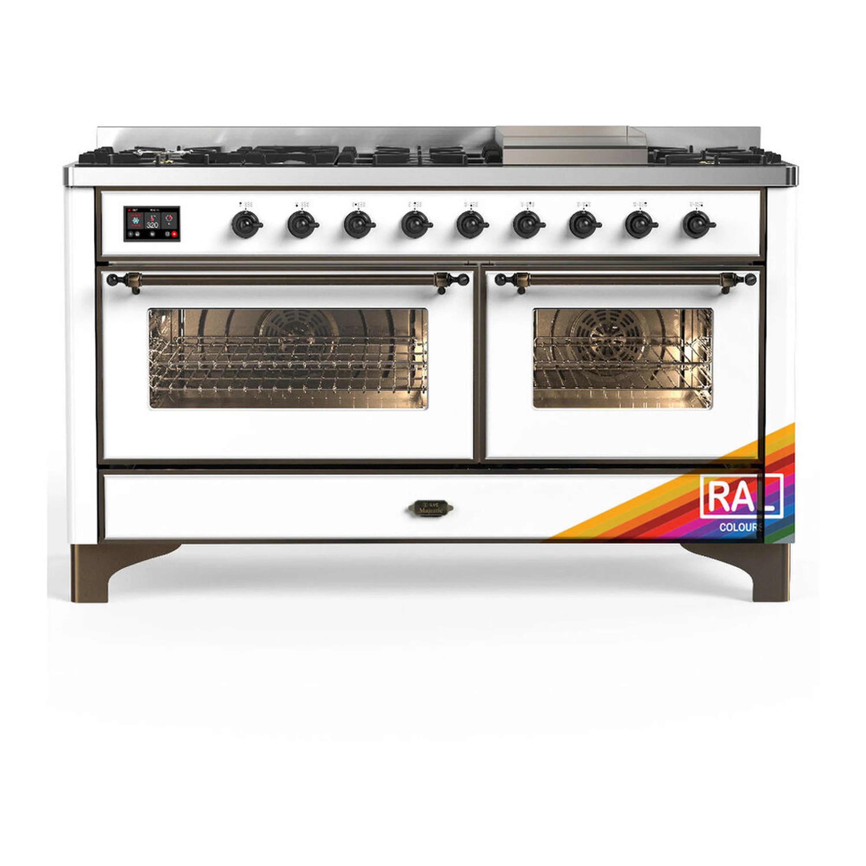 60-inch dual fuel range with burners, griddle, and triple glass electric oven doors, white body