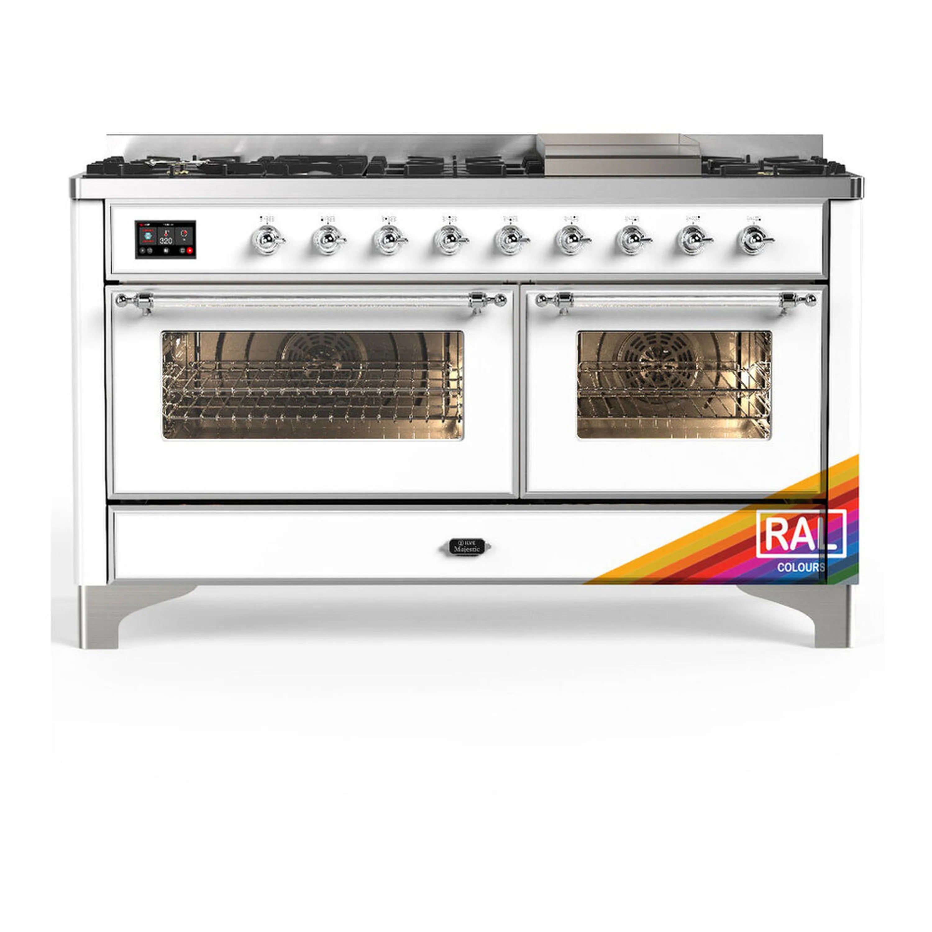 ILVE dual fuel range with chrome trim, twin ovens, triple-glass doors, and knobs