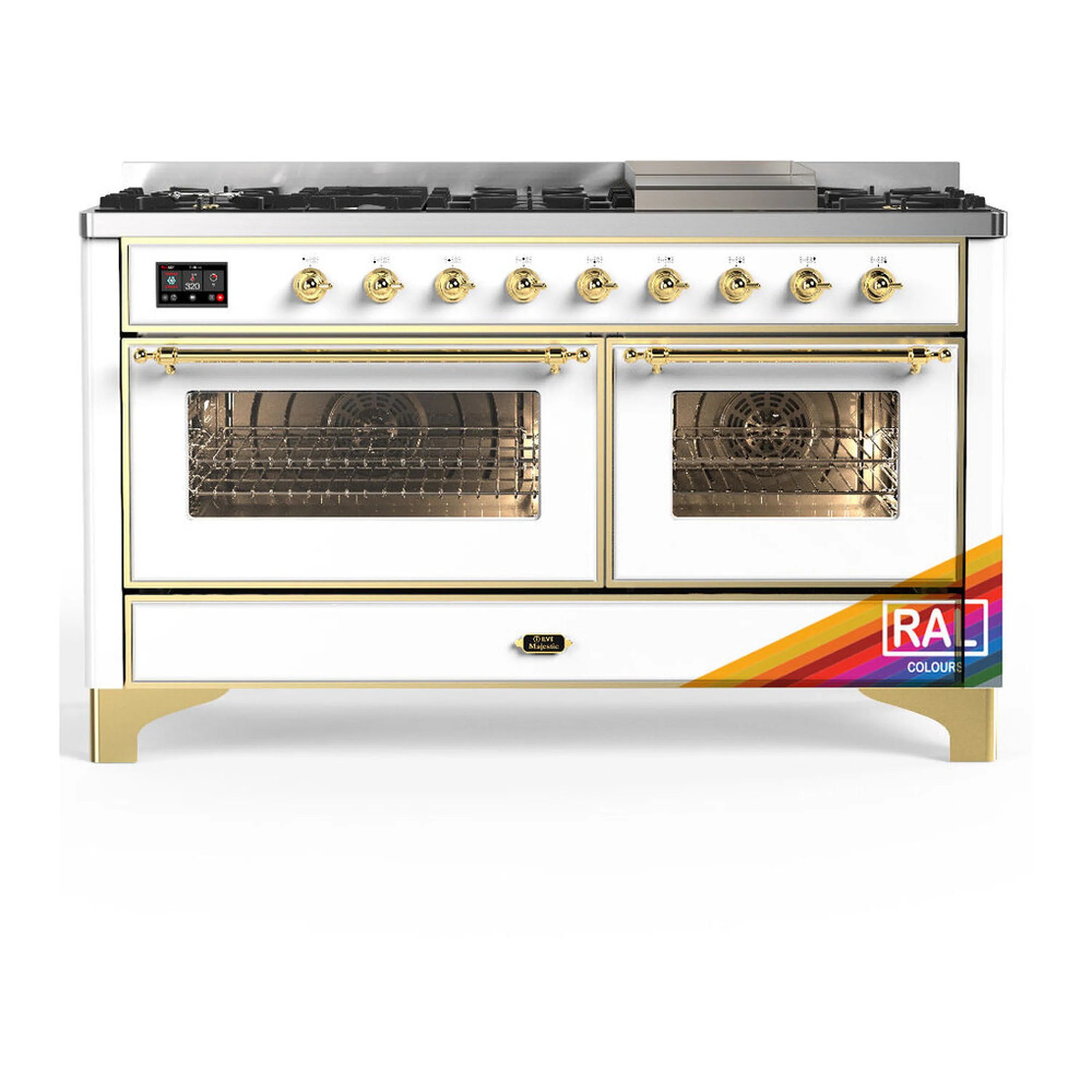 ILVE Majestic III range in white with brass trim, dual ovens and burner control knobs