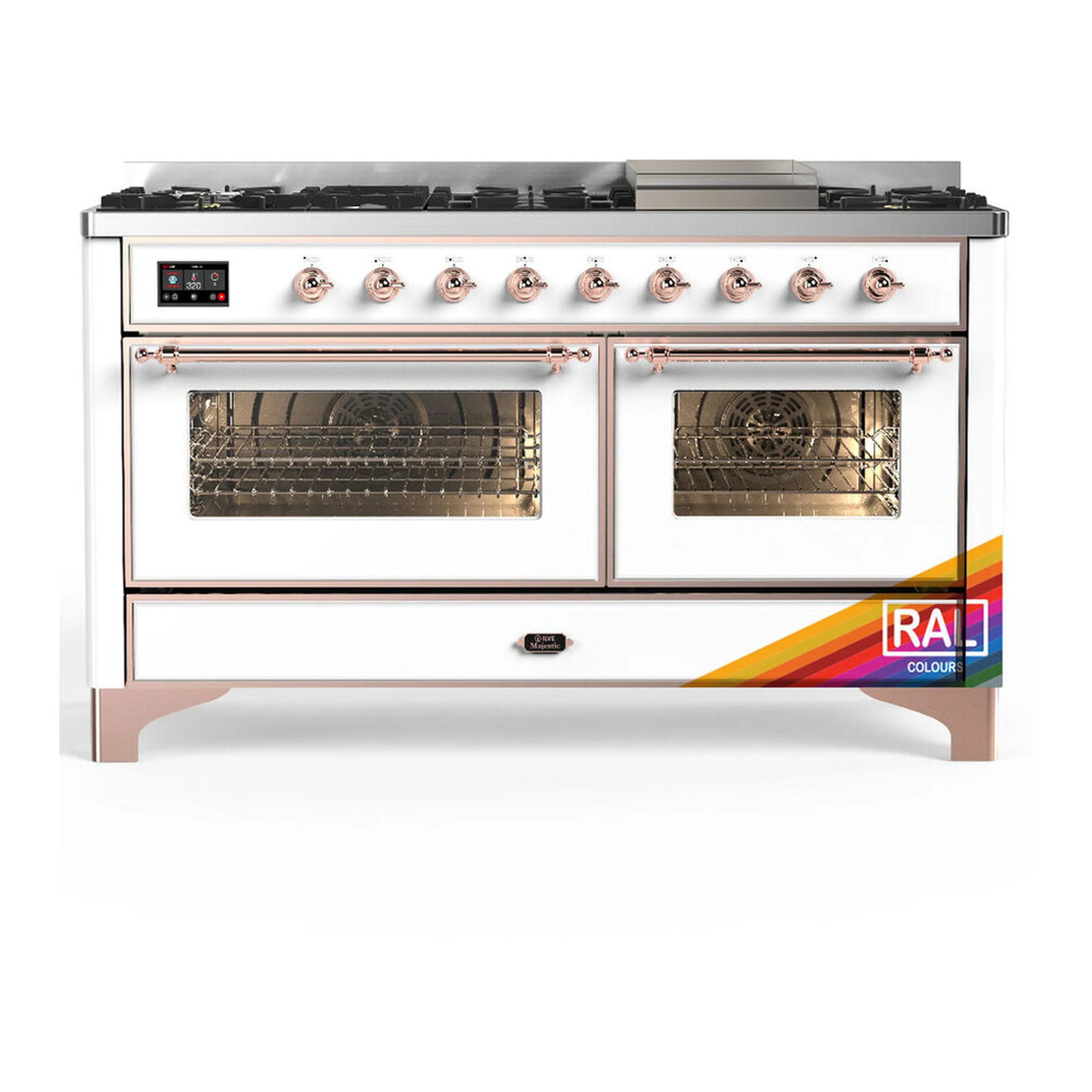 Dual fuel range with two ovens, multiple gas burners, and copper-trim control knobs