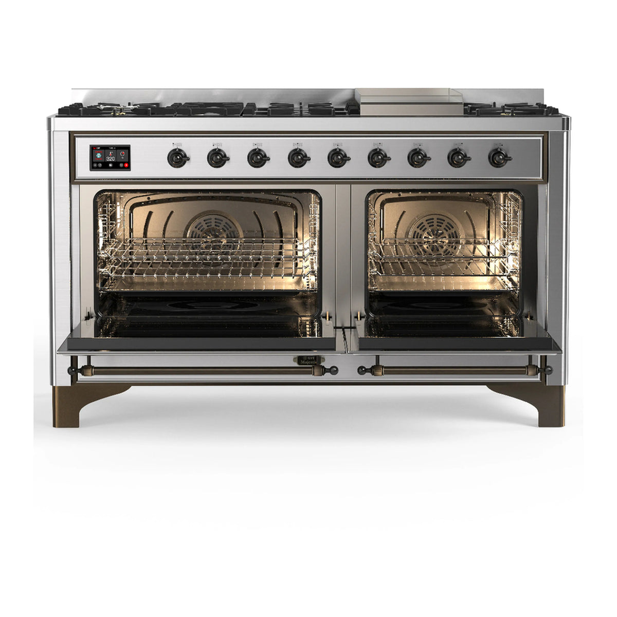 Stainless steel dual fuel range with two open oven doors, interior racks, and top burner grates