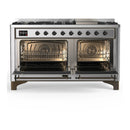 ILVE Majestic III 60-inch Dual Fuel Range with 5 Liquid Propane Burner, Griddle and Triple Glass Door Electric Oven in Stainless Steel with Burnished Trim (UM60FNR3SSBLP)