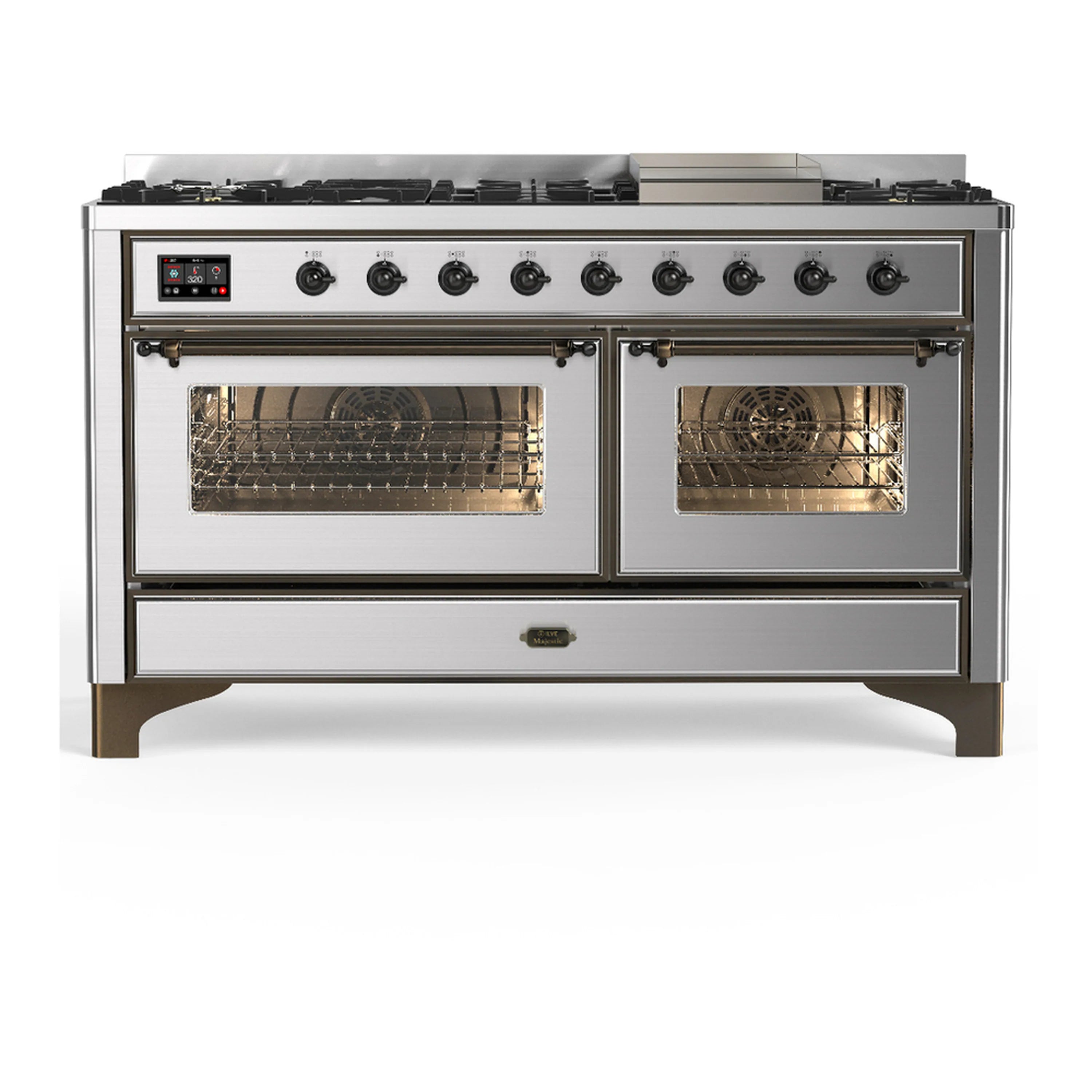 Stainless steel dual fuel range with two lit oven door windows and front control panel
